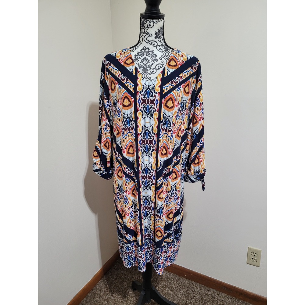 NWT‎ Chico's Ikat Print Shift Dress Womens 3 Navy Orange V-Neck Tie Sleeve